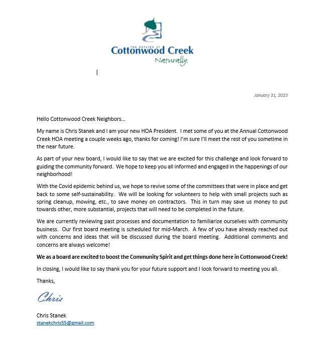 Letter From HOA Board President Cottonwood Creek